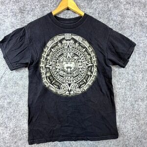DOM T-Shirt Mens Medium Black Cotton Aztec Calendar Sun Stone Graphic Crew Neck
